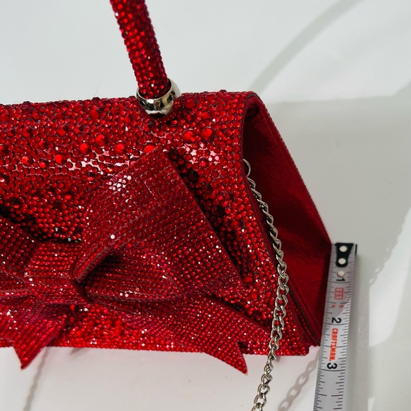 Red Rhinestone Studded Top Handle Large Bow Evening Bag - Picture 14 of 15
